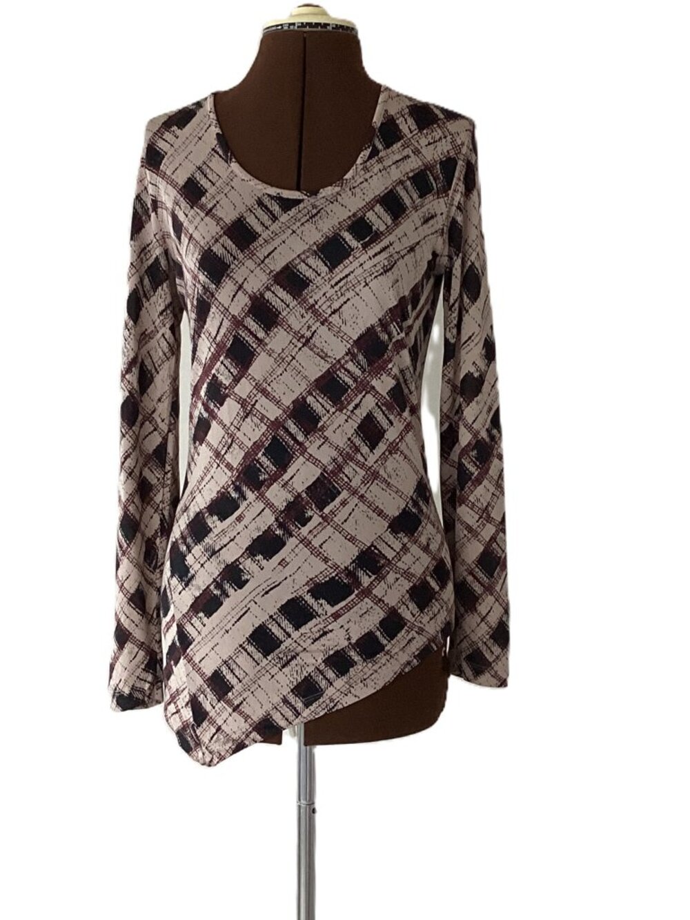 Country Road Abstract Plaid Silk Jersey Top - Asymmetrical Hemline,